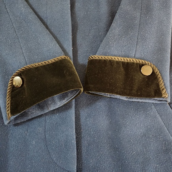 Vtg Halston Sz 10 Long Wool Coat Velvet With Rope Trim Blue Black Lined Pockets - Picture 4 of 16